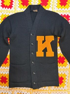 Vintage 1950's Varsity Black with Yellow K Letterman Knit Sweater 100% wool